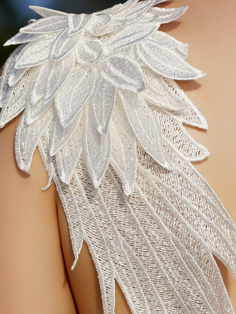 Onwon 1 Pair 3D Angel Wings Embroidered Neckline Lace Trim Applique Sewing On Patches White Large - Image 4